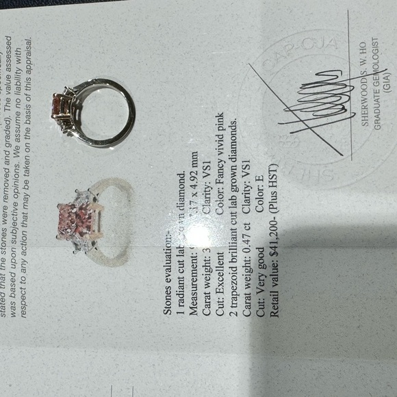 14k White Gold Radiant Cut Lab-Grown Diamond Ring 3.00CT Fancy Vivid Pink. - Picture 5 of 5